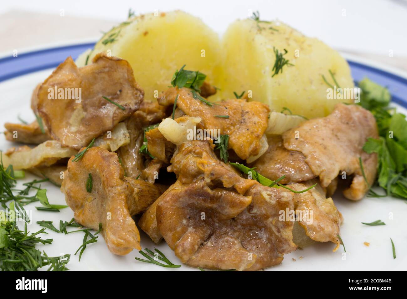 Geschmorte Pfifferlinge in weißer Sauce mit gekochten Kartoffeln mit ...