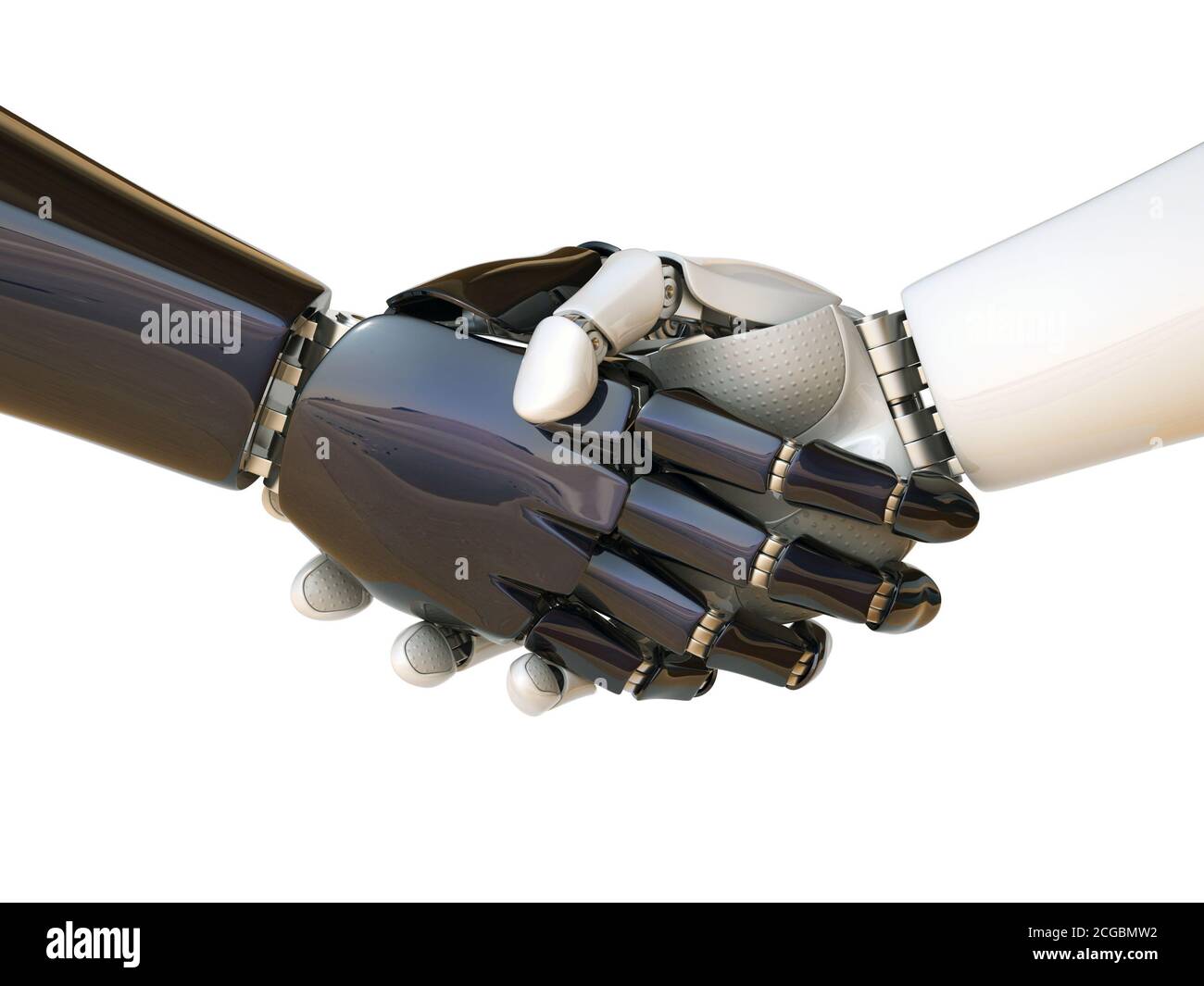 3D-Rendering mit schwarz-weißem Roboter, der die Hände schüttelt Stockfoto