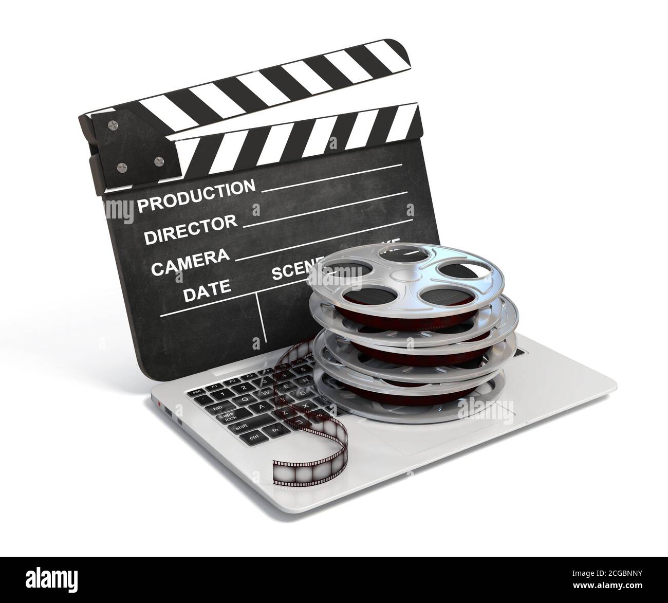 Laptop mit Filmrolle und Filmklapper, Video oder Film online Internet-Konzept 3d-Rendering Stockfoto