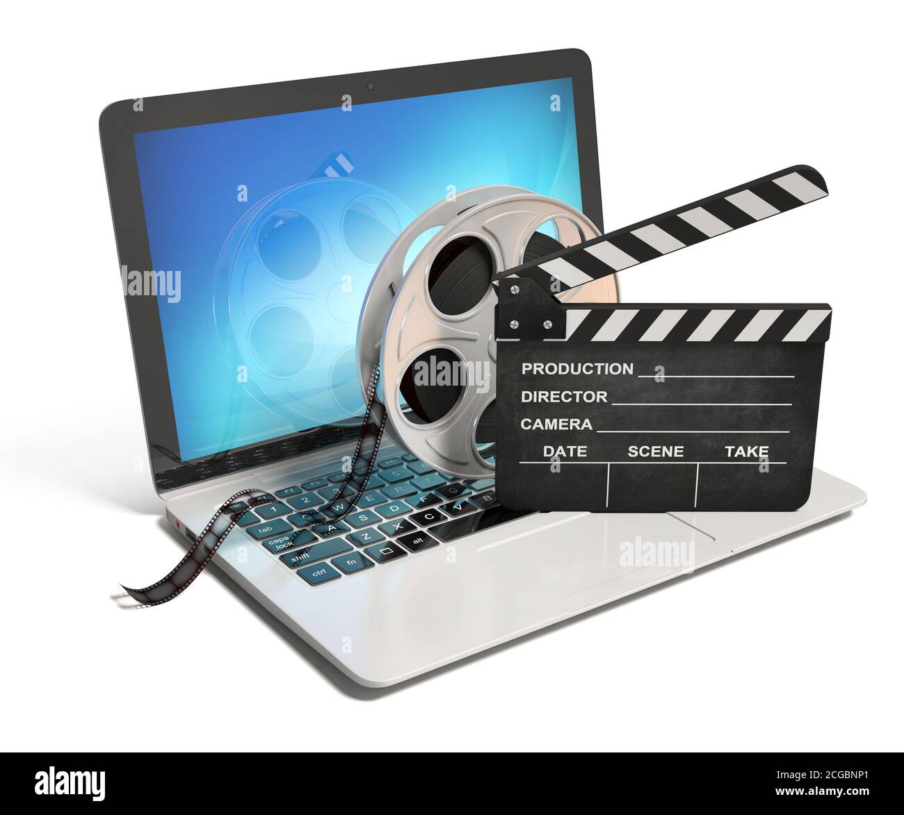 Laptop mit Filmrolle und Filmklapper, Video oder Film online Internet-Konzept 3d-Rendering Stockfoto