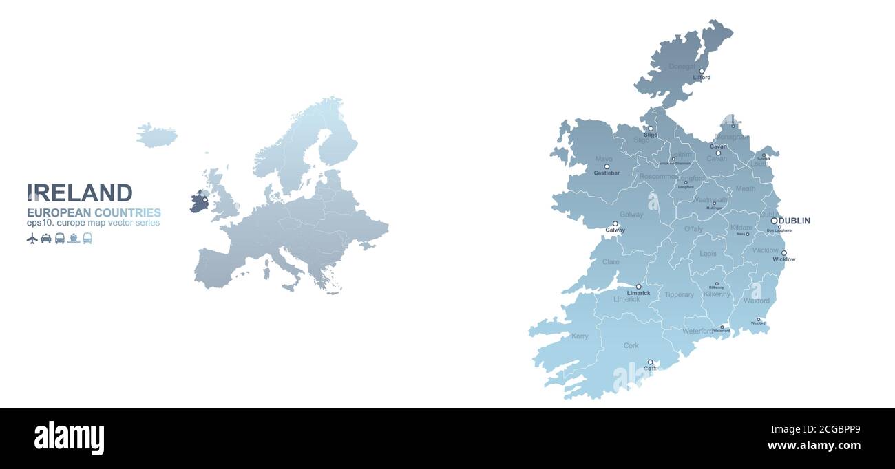 Irland-Karte. Blaue Gradientenvektorkarte der europäischen Länder. Stock Vektor