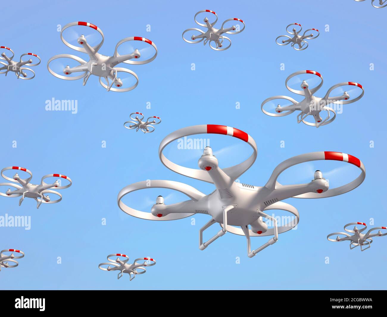 Fliegende Drohnen am Himmel 3d-Illustration Stockfoto