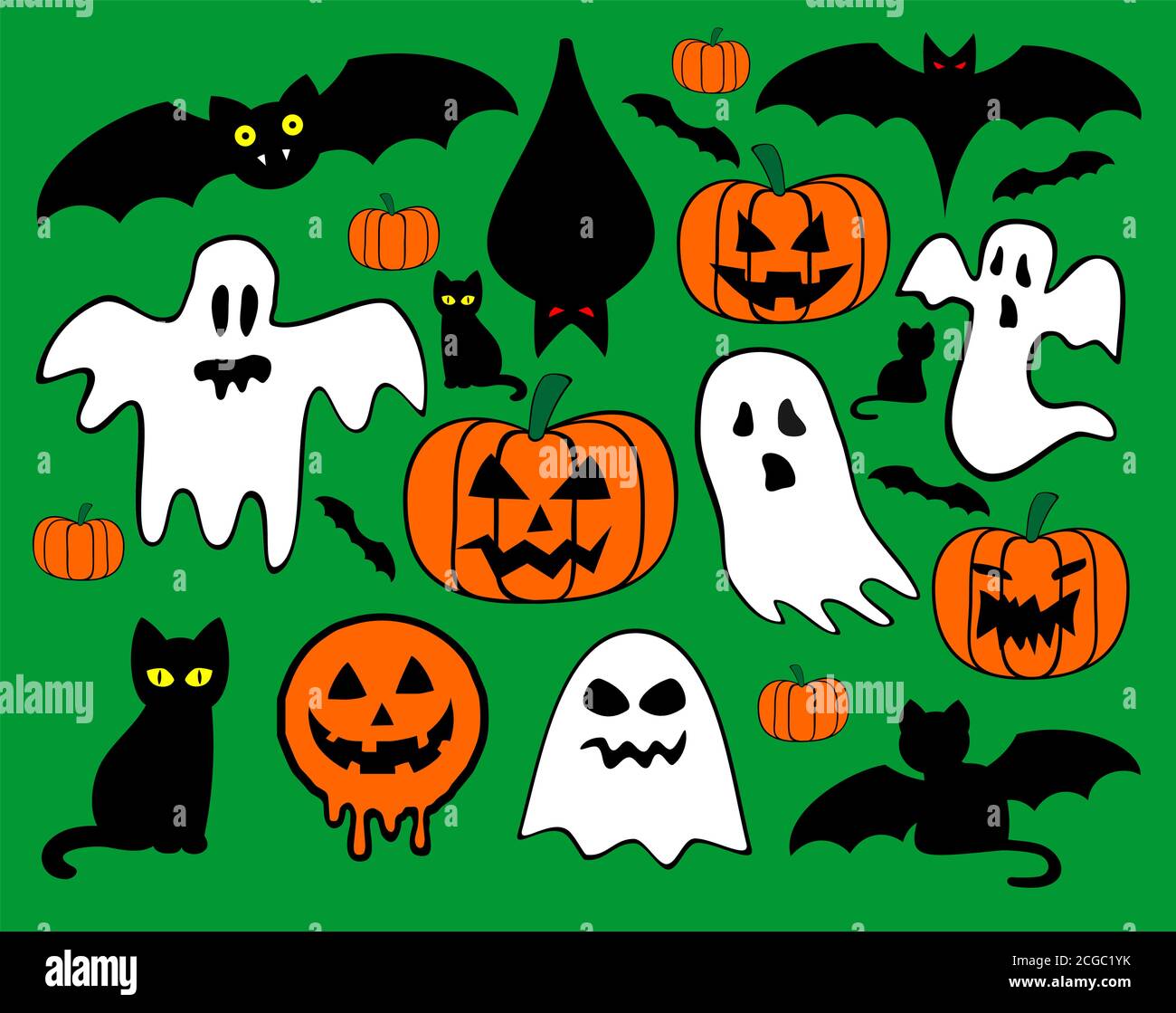 Set Halloween-Symbole Fledermäuse, Kürbisse, Geister und Katzen voller Kollor Stock Vektor