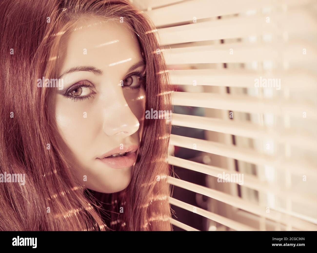 Junge hübsche Frau Nahaufnahme Porträt innen an Fensterläden Stockfoto