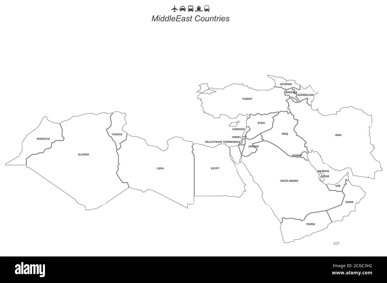 Naher Osten Länder genannt Vektorkarte. Stock Vektor