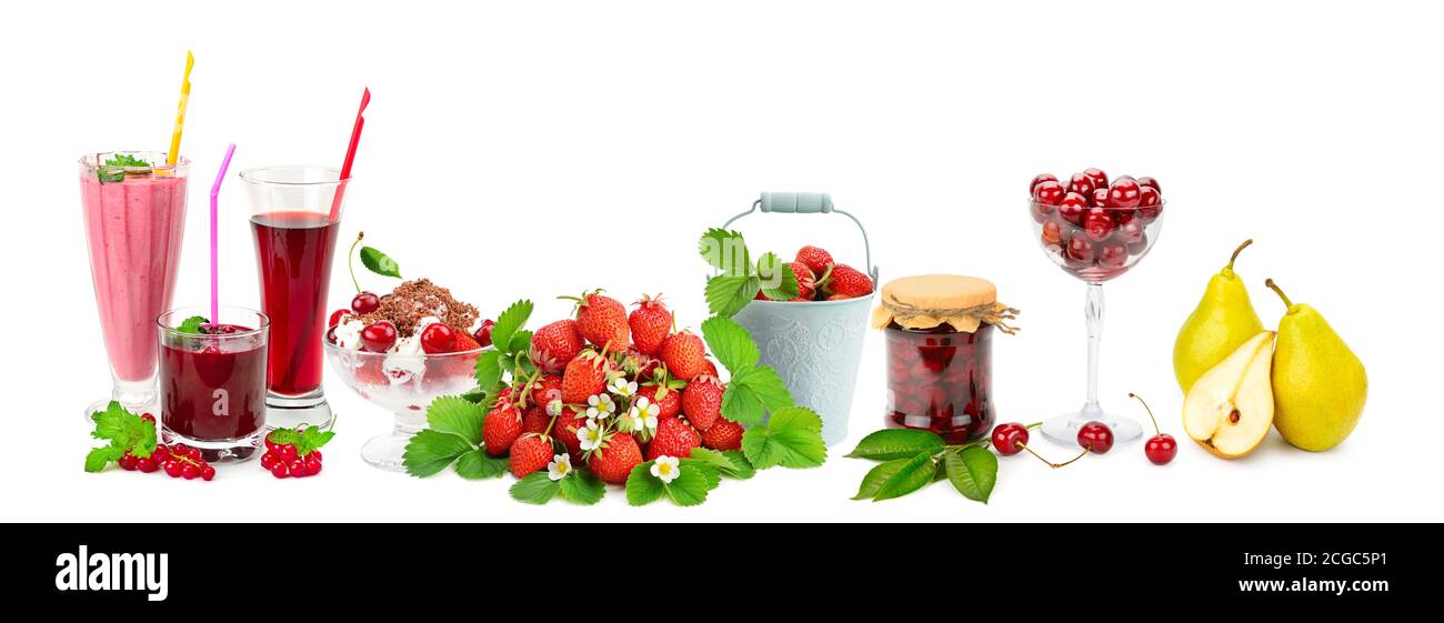 Panorama Collage Obst, Getränke, Eis für Glas Küchenplatte Stockfoto