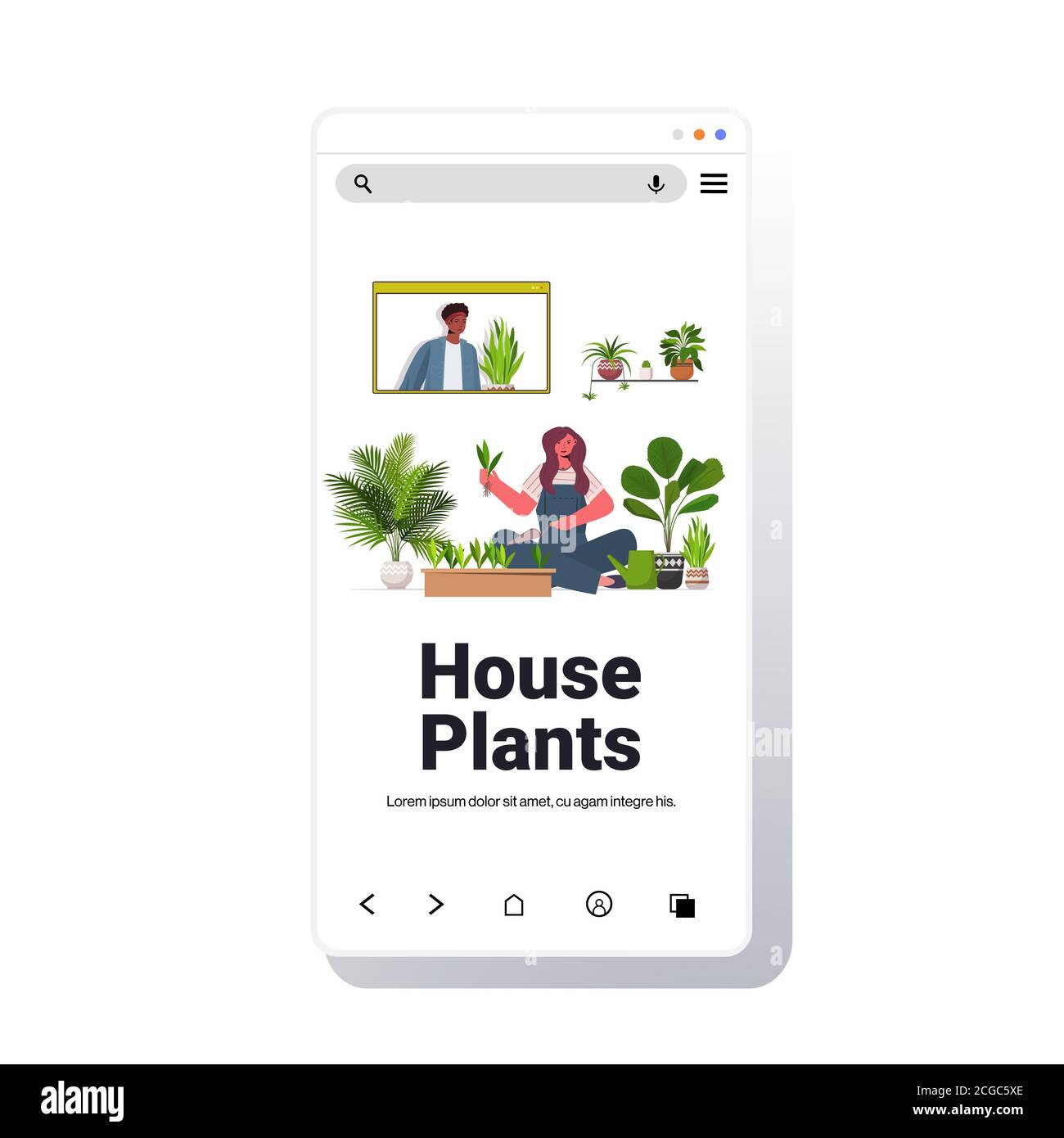 Frau Pflanzen Zimmerpflanzen in Topf Mädchen diskutieren mit afroamerikanischen Freund während Videoanruf Smartphone-Bildschirm volle Länge Kopierplatz vektorgrafik Stock Vektor