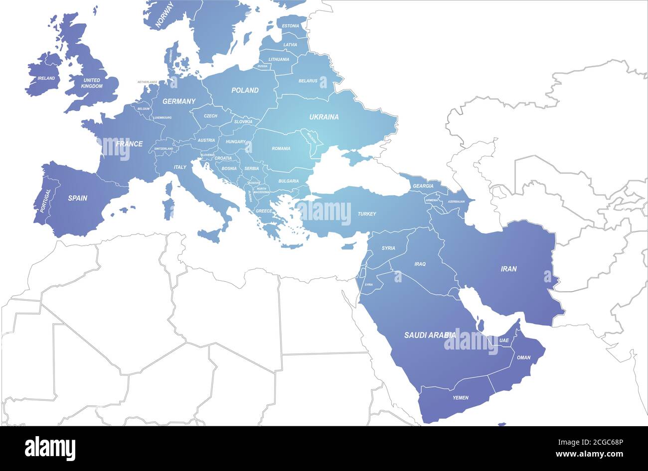 Vektorkarte für Europa und die Länder des Nahen Ostens. Stock Vektor