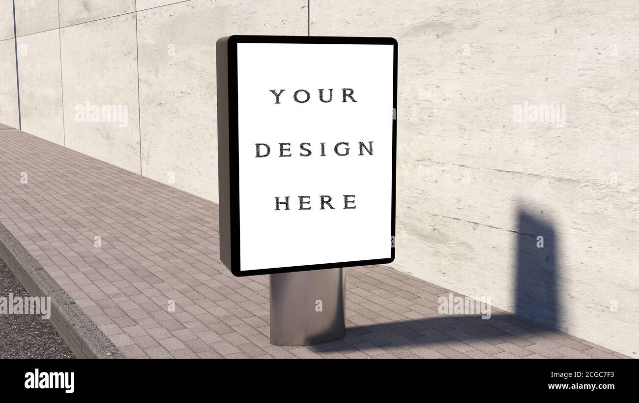 Leere Plakatwand leere Werbung isoliert auf Straßenhintergrund. Leere Banner Mockup Vorlage Lichtkasten - 3D-Rendering Stockfoto