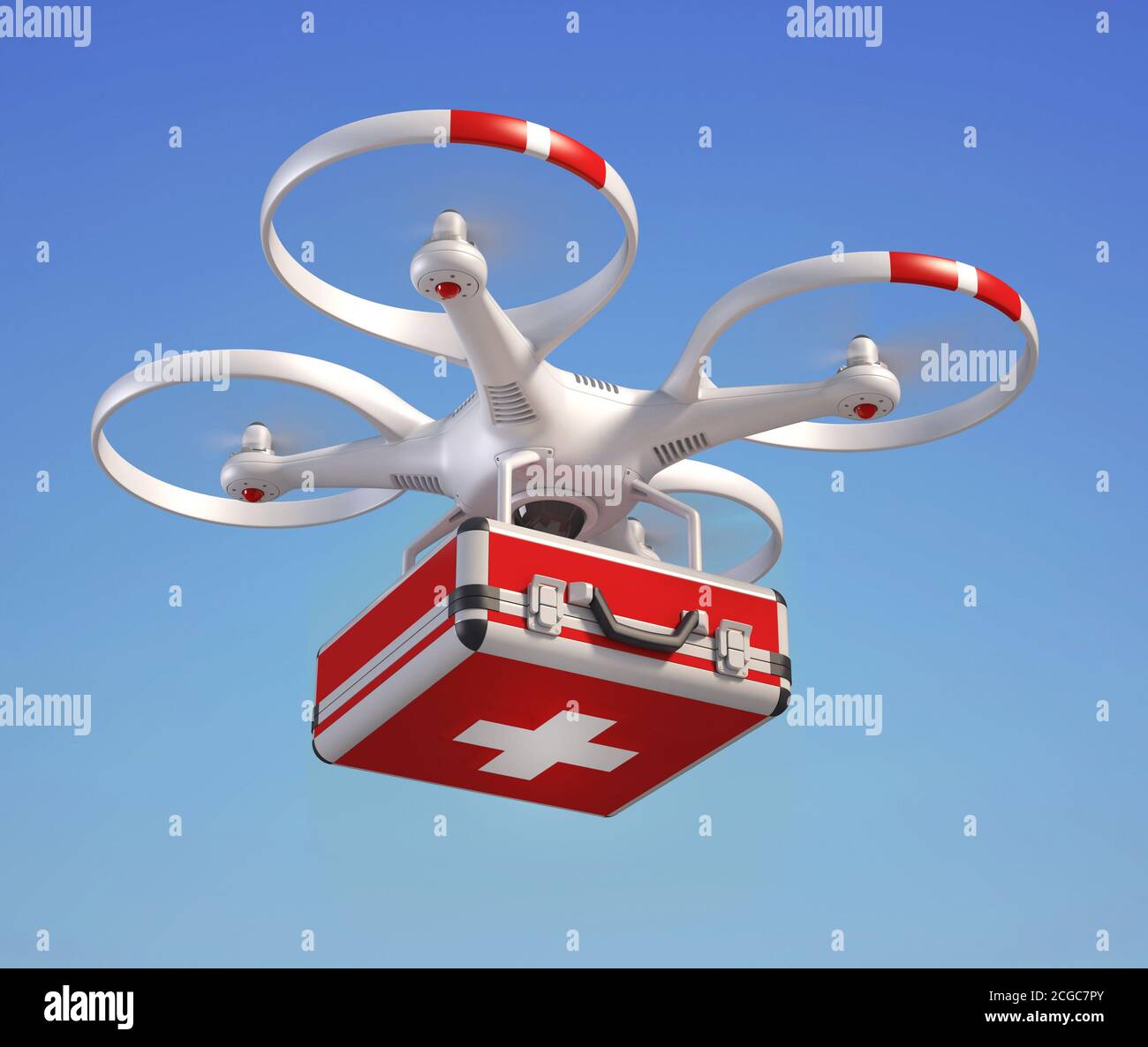 Drohne mit Verbandskasten Stockfoto