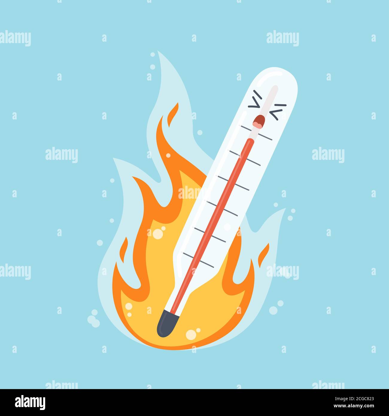 Das brennende medizinische Thermometer als Symbol Fieber und hohe Temperatur. Vektorgrafik Stockfoto