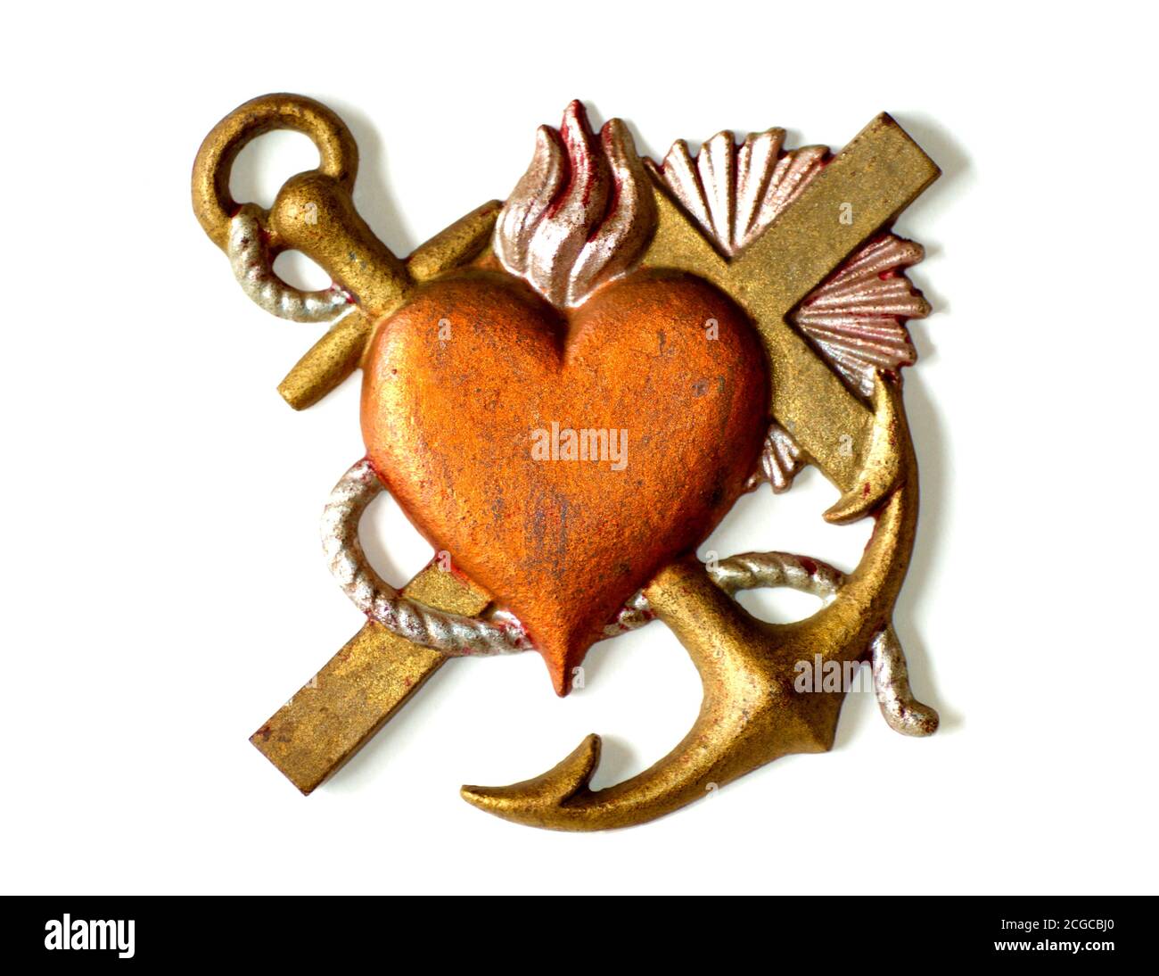 Glaube, Hoffnung, Liebe in Metall, Gold, Kupfer und Silber. Stockfoto