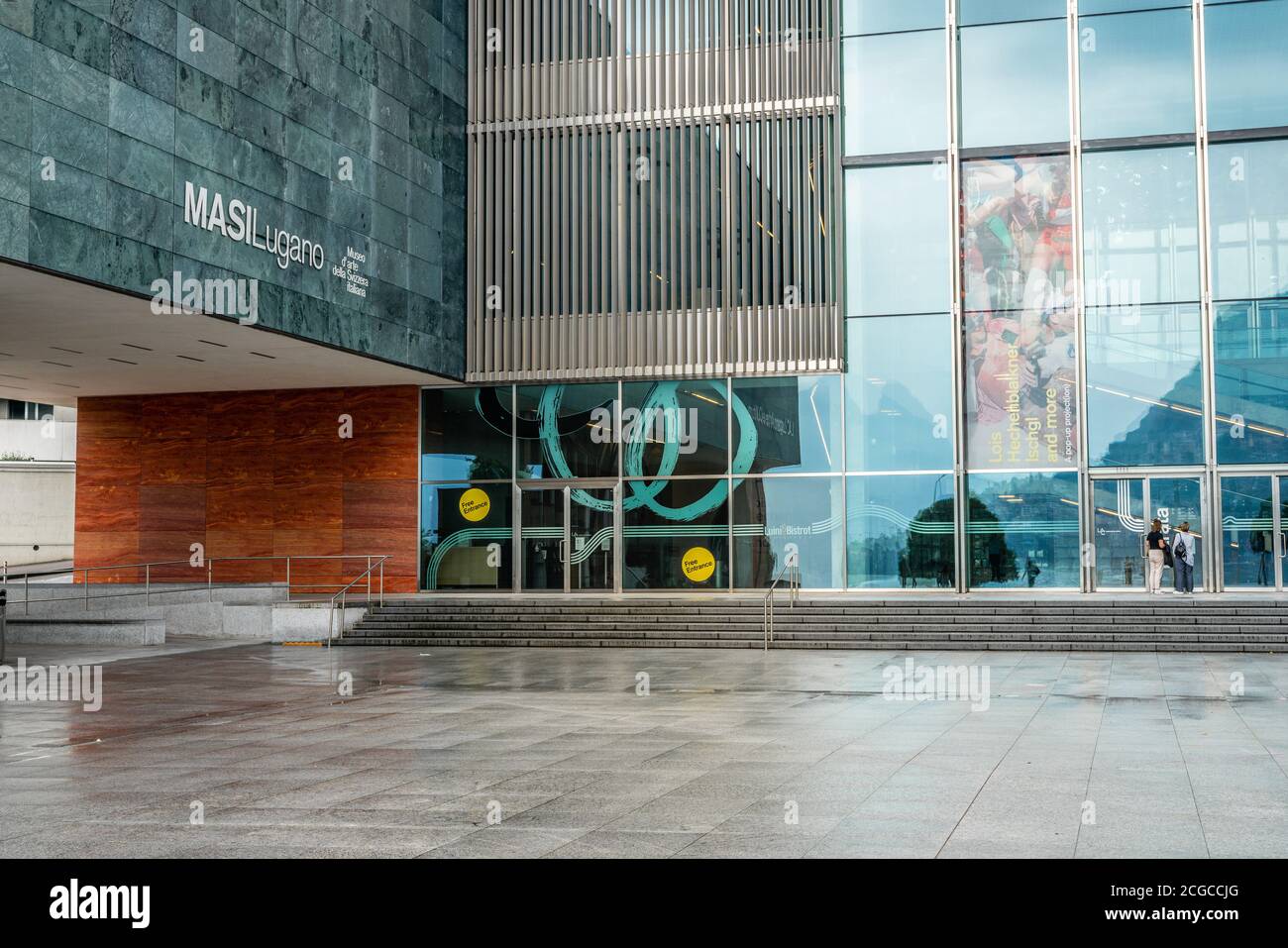 Lugano Schweiz , 1. Juli 2020 : Eingang der MASI Lugano das Kunstmuseum der Italienischen Schweiz im LAC Gebäude in Lugano Tessin Schweiz Stockfoto