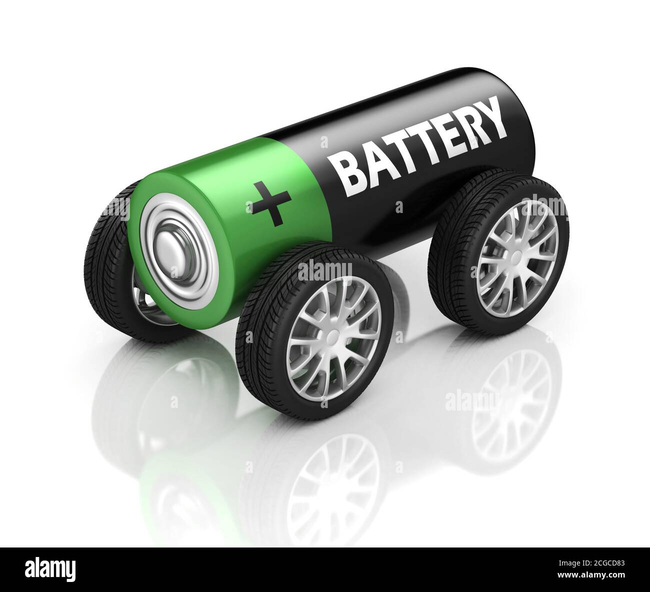 Elektroauto 3d Konzept - Batterie auf Rädern Stockfoto