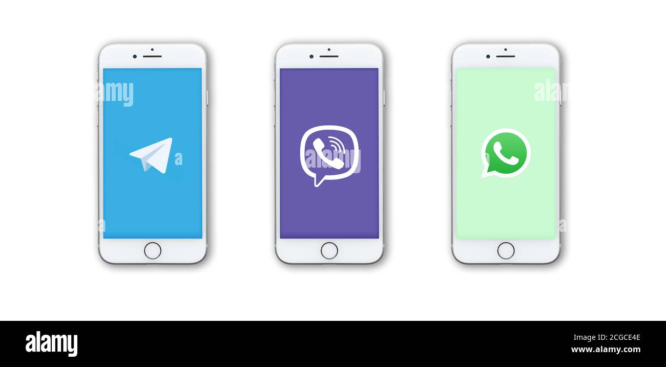 Guilherand-Granges, Frankreich - 21. Oktober 2019. Apple iPhone 8 mit verschiedenen Instant Messenger Logos: Telegram, Viber und WhatsApp. Stockfoto