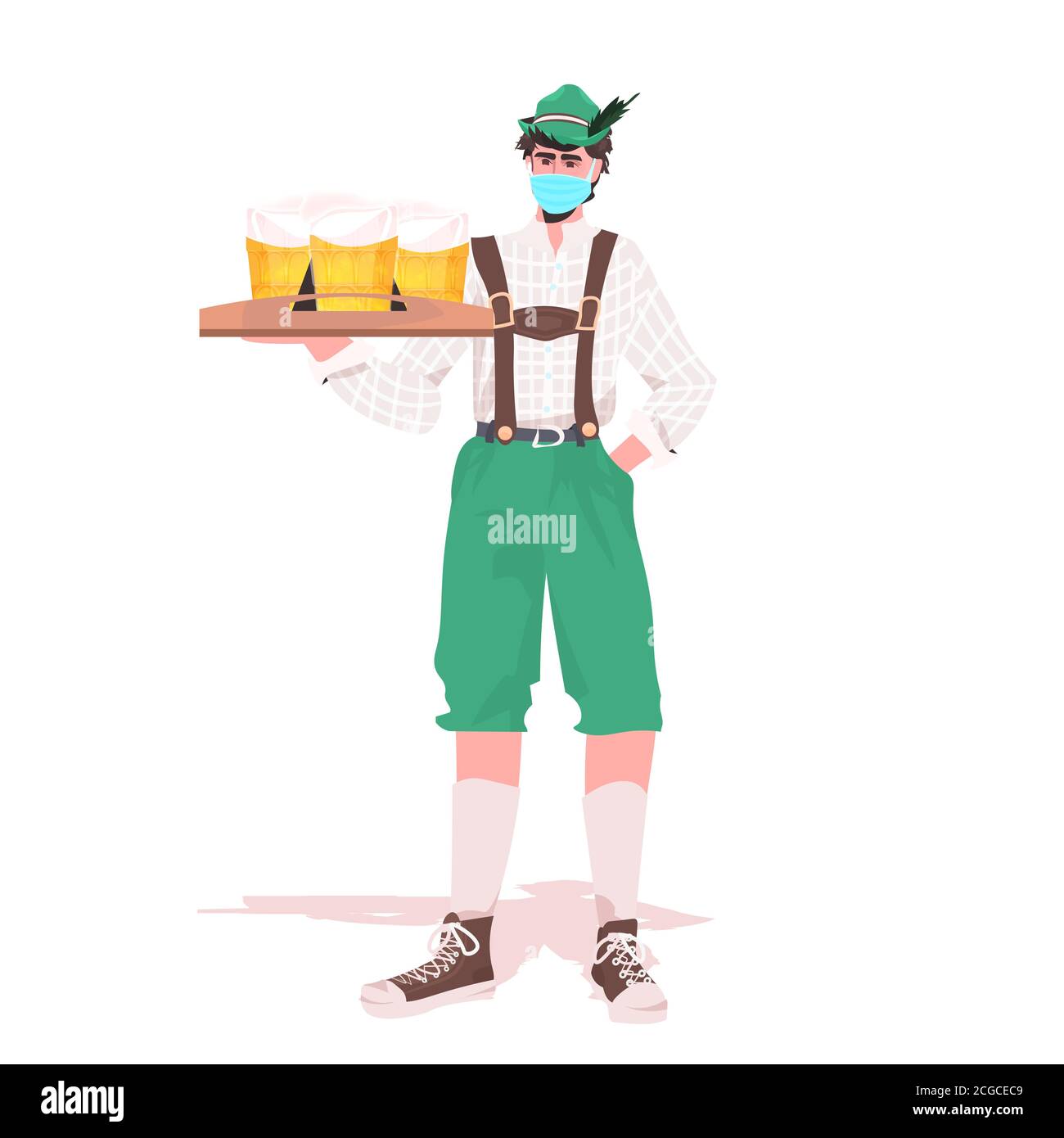 Mann in medizinische Maske hält Bierkrüge Oktoberfest Party Feier Coronavirus Quarantäne Konzept Kerl in deutscher traditioneller Kleidung voller Länge vektorgrafik Stock Vektor