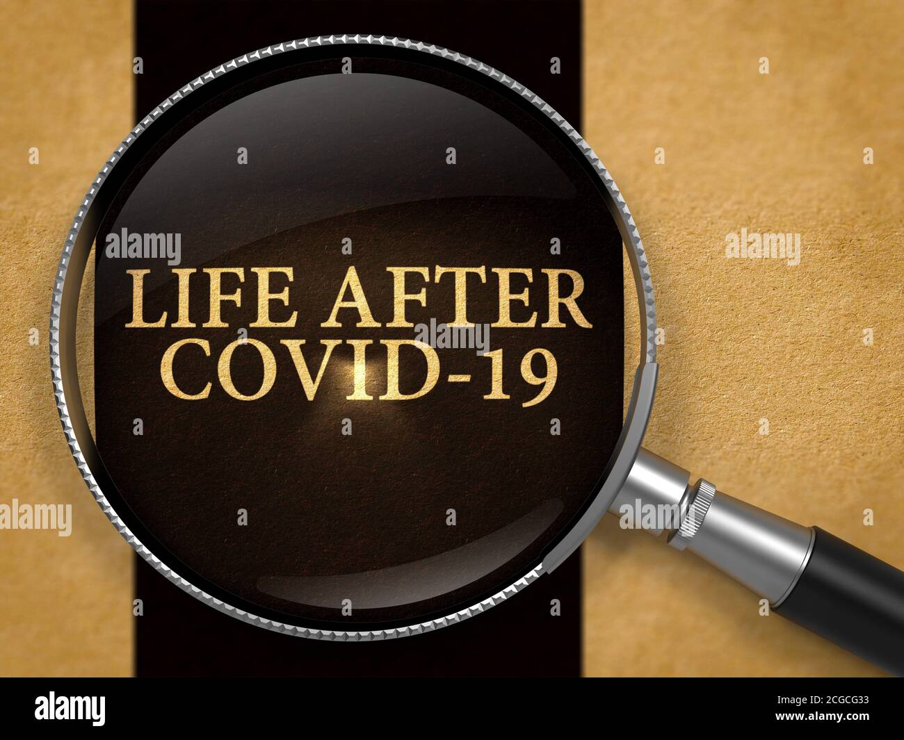 Leben nach Covid-19 durch Vergrößerungsglas auf Papier mit schwarzem vertikalen Linienhintergrund. Stockfoto