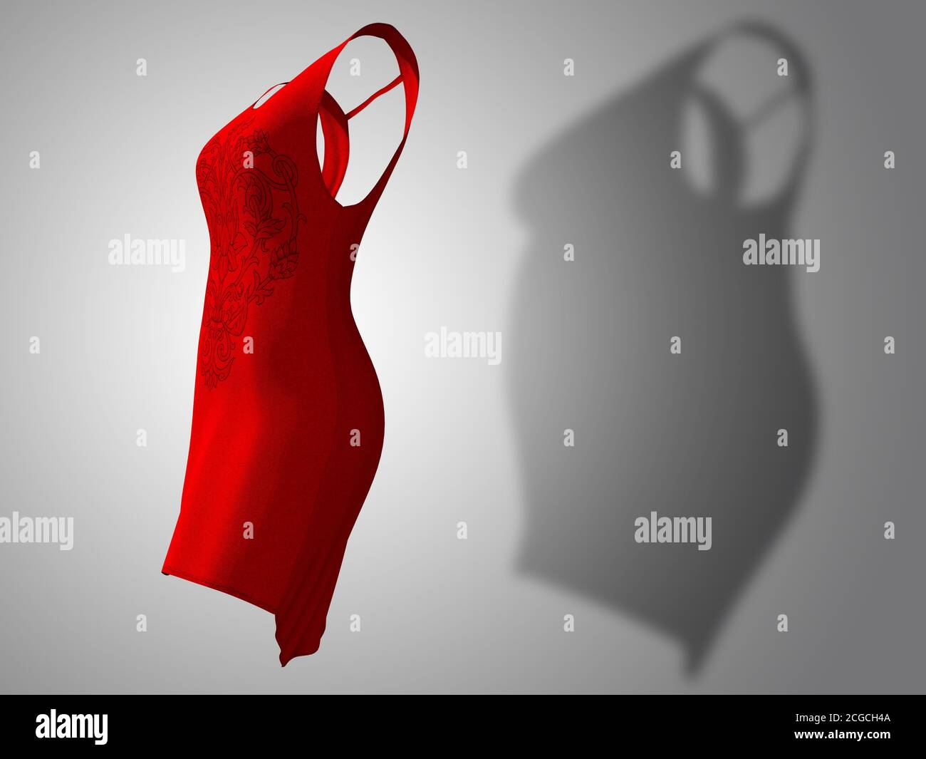 Conceptual Fat Übergewicht fettleibig Schatten weibliche Kleidung Outfit vs schlank fit gesunden Körper nach Gewichtsverlust oder Diät dünne junge Frau auf rot. Stockfoto