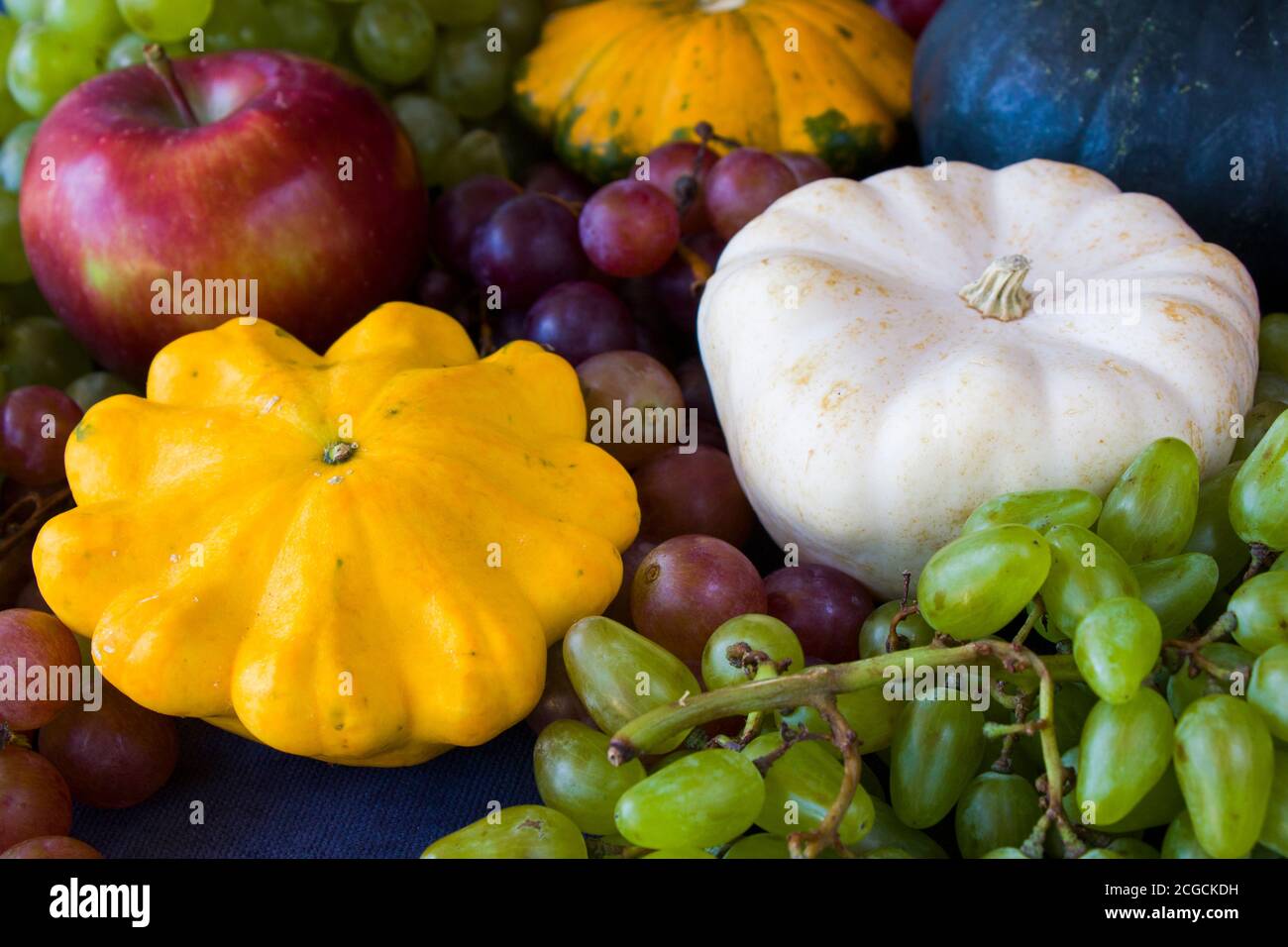 Herbst- und Herbsternte, Kürbis, Apfel, Traube und pattison auf blauem Hintergrund Stockfoto