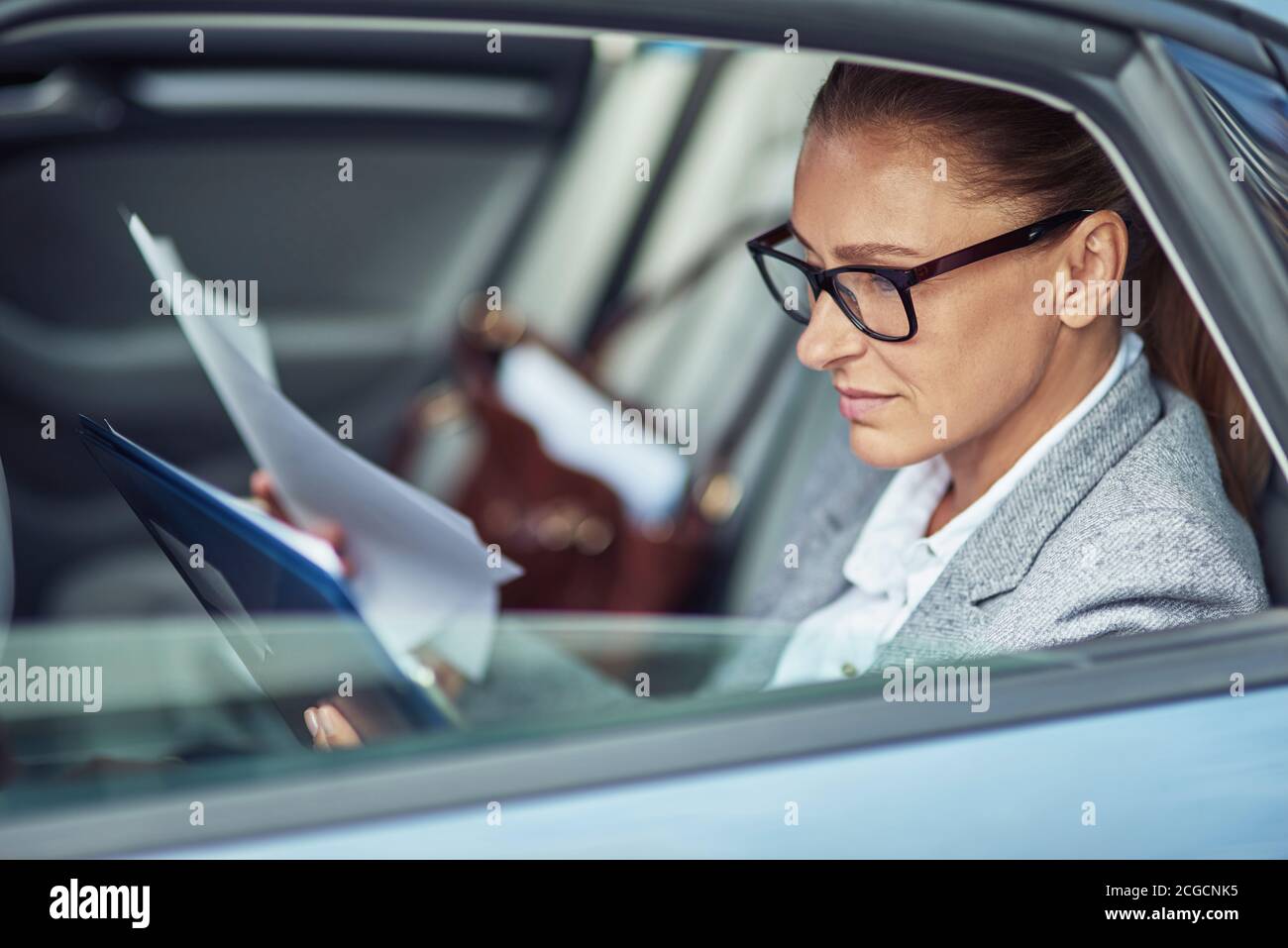 Seitenansicht einer fokussierten Geschäftsfrau mittleren Alters Brillen, die Dokumente analysieren, während sie auf dem Rücksitz im sitzen Auto Stockfoto
