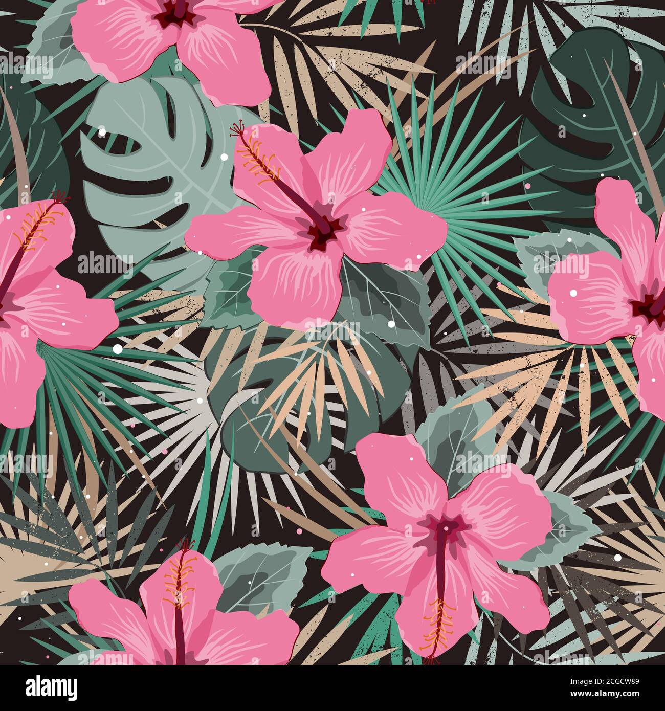 Nahtlose Vektor floralen Sommer Grenze mit tropischen Palmblättern und Hibiskusblüten. Perfekt für Hintergrundbilder, Webseiten Hintergründe, Oberflächen Texturen Stock Vektor