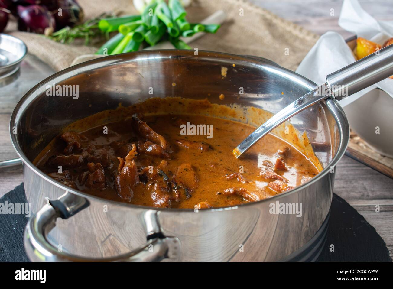 Geschmortes Schweinefleisch in cremiger Sauce in einem Topf serviert Auf einem rustikalen Tisch mit Schöpfkelle Stockfoto