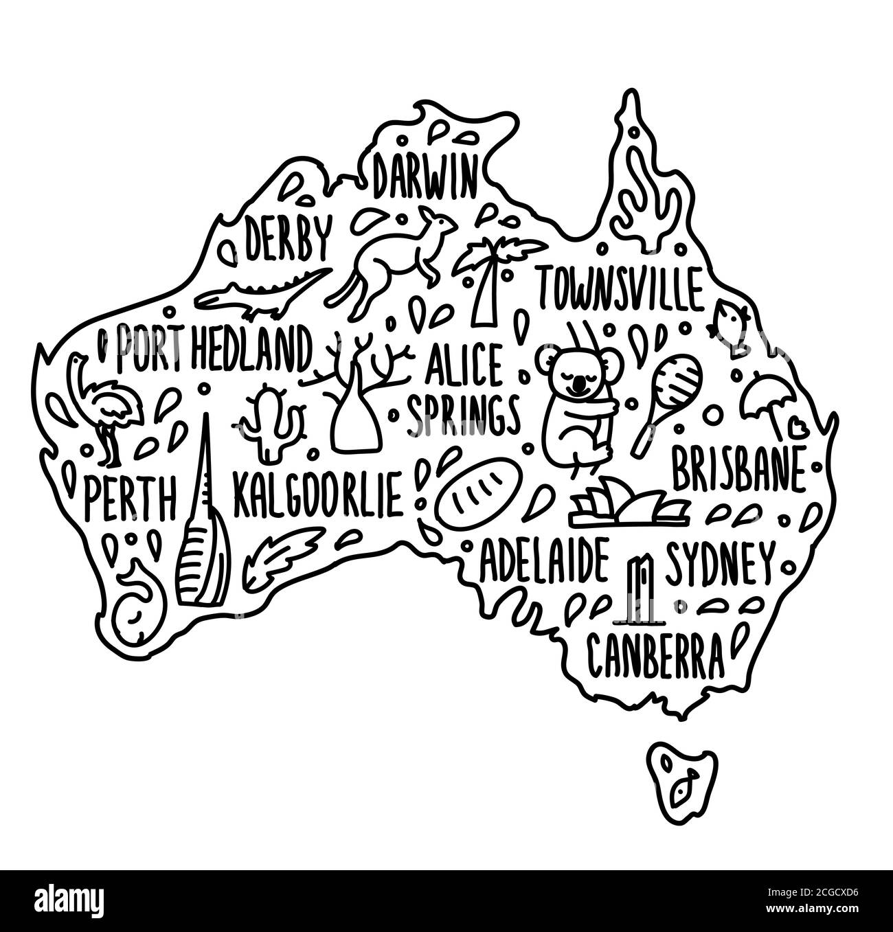 Australien Cartoon Reise Karte Vektor Illustration. Handgezeichnete Doodle australische Stadtnamen Schriftzug und Cartoon-Wahrzeichen, Touristenattraktionen Stock Vektor