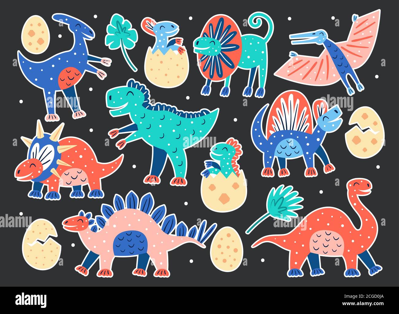 Set von kleinen niedlichen Dinosaurier. Triceratops, T-rex, Diplodocus, pteranodon, Stegosaurus. Prähistorische Tiere. Jurassic Welt. Flacher, farbenfroher Vektor-illuu Stock Vektor