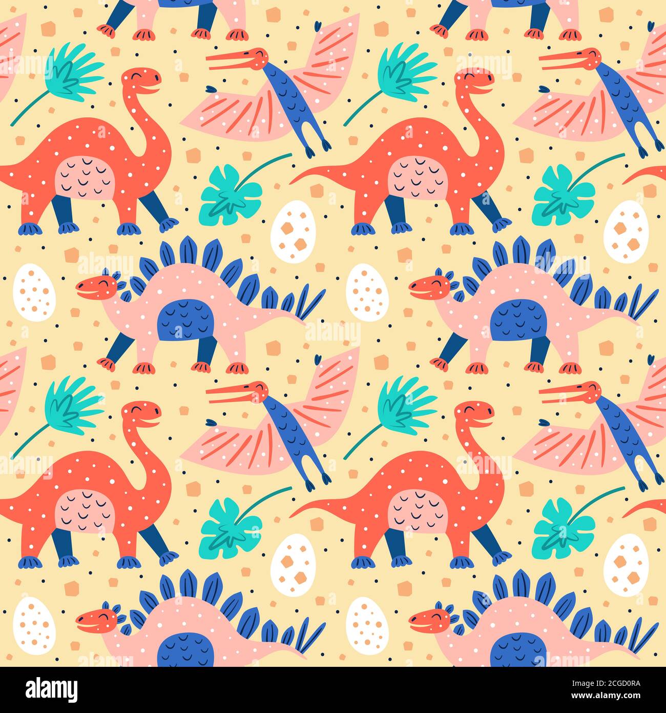 Set von kleinen niedlichen Dinosaurier. Diplodocus, pteranodon, Stegosaurus, Dino-Eier. Palmenblätter. Prähistorische Tiere. Jurassic Welt. Flache Cartoon bunt Stock Vektor