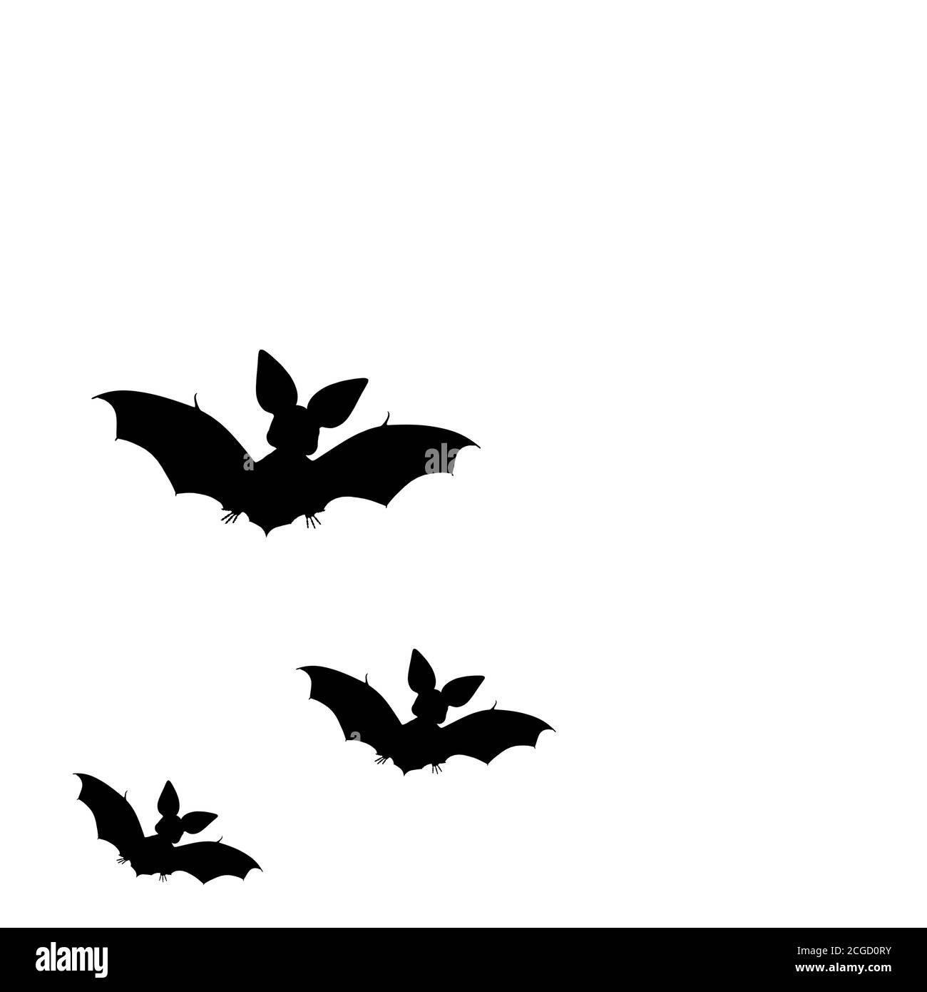 Schwarze Silhouetten von Fledermäusen. Höhle schwarze Fledermäuse Gruppe auf weißem Halloween Hintergrund. Silhouetten der fliegenden Fledermäuse traditionelle Halloween-Symbole auf weiß Stockfoto