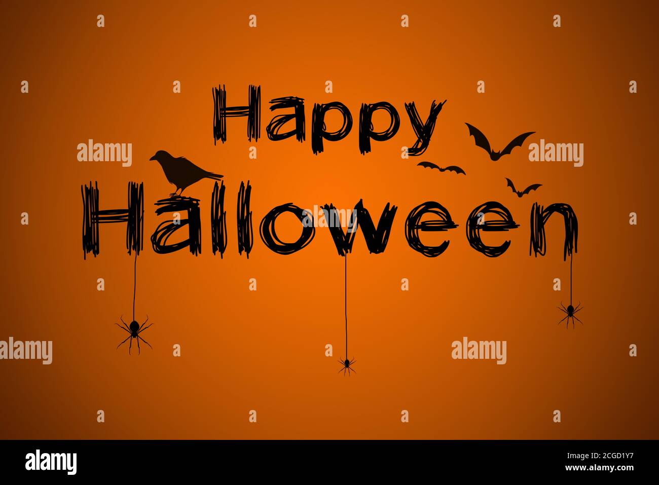 Happy halloween schwarzer Text auf Karte mit Spinnen, Krähe und Fledermäusen. Illustration auf orangefarbenem Hintergrund Stockfoto