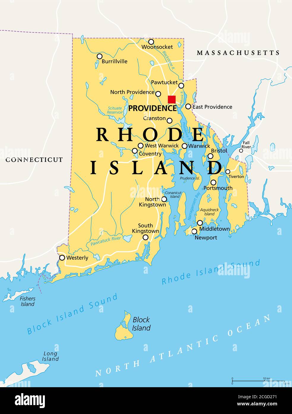 Rhode Island, politische Landkarte mit der Hauptstadt Providence. Staat 