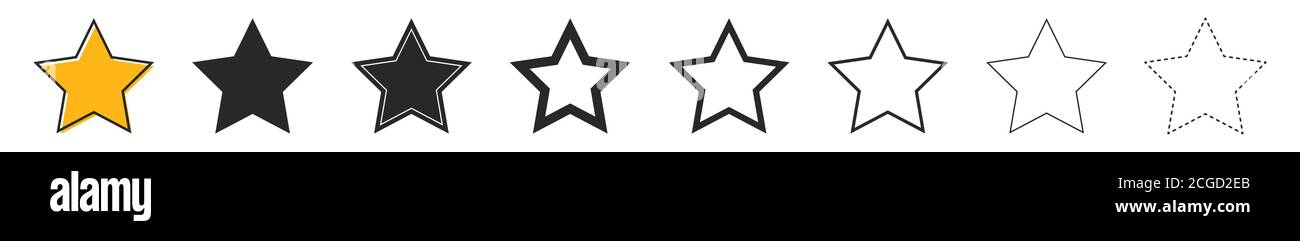 Stern-Vektor-Symbole. Satz Sternsymbole auf weißem Hintergrund. Vektorgrafiken. Verschiedene fünf schwarze Sterne Stock Vektor