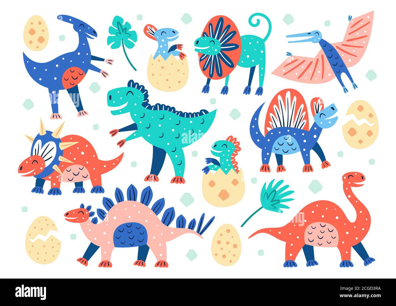 Set von kleinen niedlichen Dinosaurier. Triceratops, T-rex, Diplodocus, pteranodon, Stegosaurus. Prähistorische Tiere. Jurassic Welt. Flacher, farbenfroher Vektor-illuu Stock Vektor