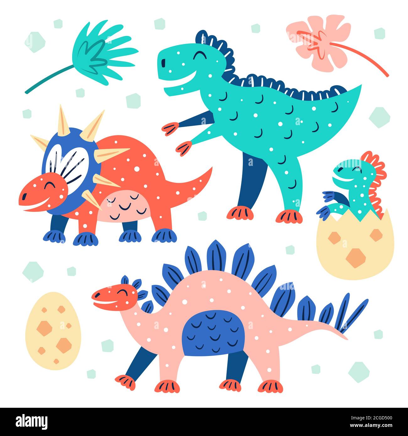 Set von kleinen niedlichen Dinosaurier. Triceratops, T-rex, Diplodocus, pteranodon, Stegosaurus. Prähistorische Tiere. Jurassic Welt. Flacher, farbenfroher Vektor-illuu Stock Vektor