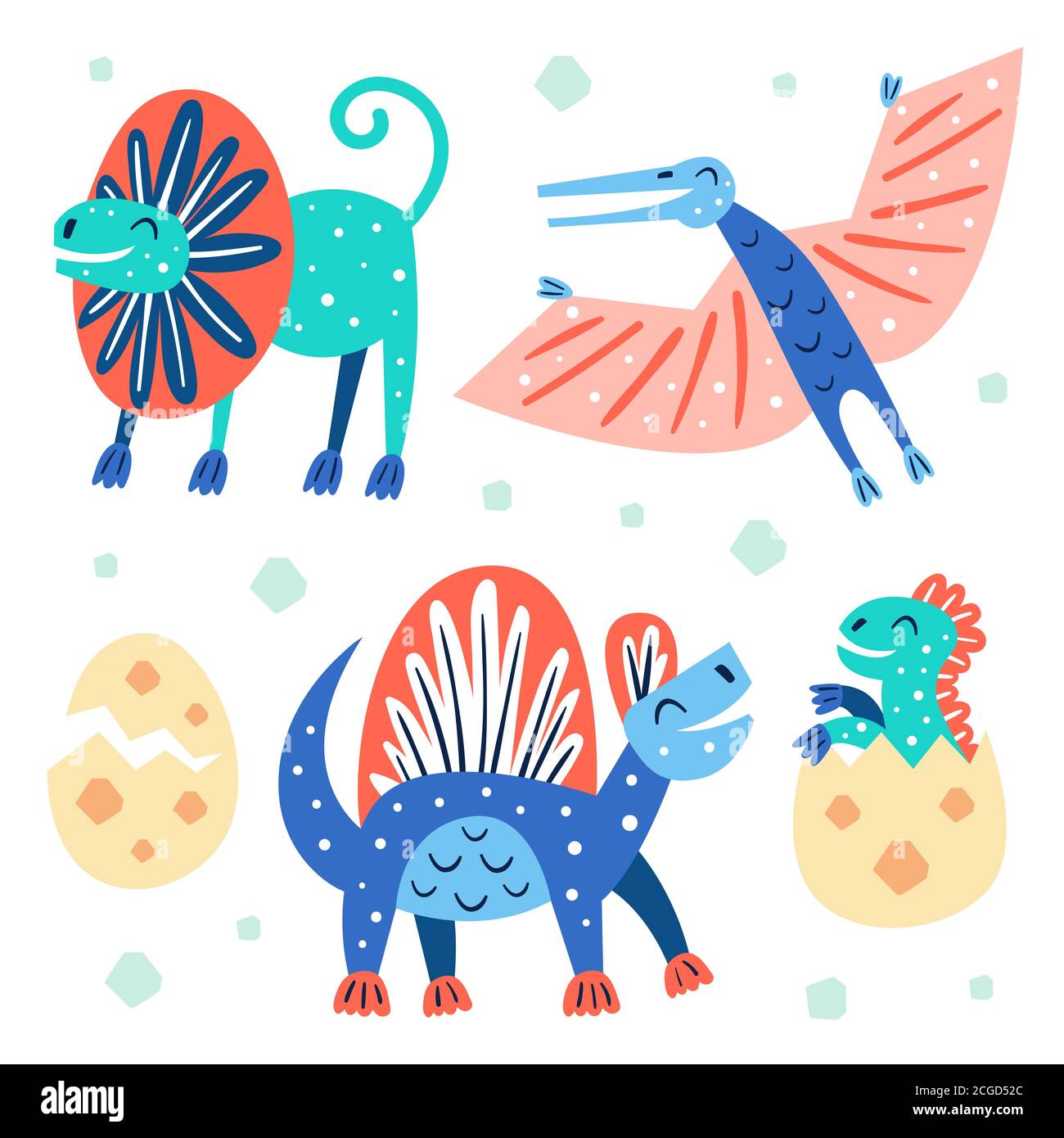 Set von kleinen niedlichen Dinosaurier. Dilophosaurus, Pterodactyl. Prähistorische Tiere. Jurassic Welt. Paläontologie. Reptil. Archäologie. Flach bunt Stock Vektor
