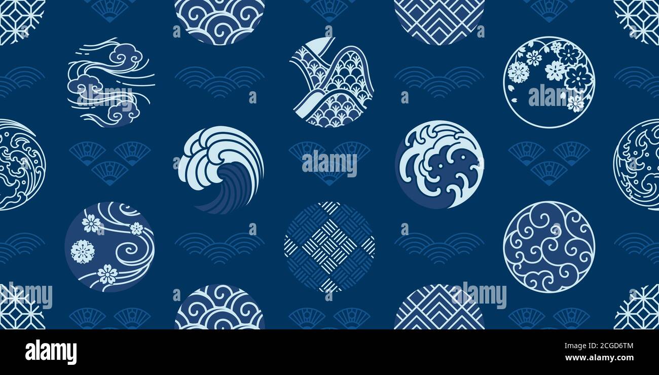 Japanische nahtlose Muster und Tapete Vektor. Wasserwelle, Wind, Wolke, Porzellan, Textilien, Sakura, geometrischer Vintage-Stil. Stock Vektor