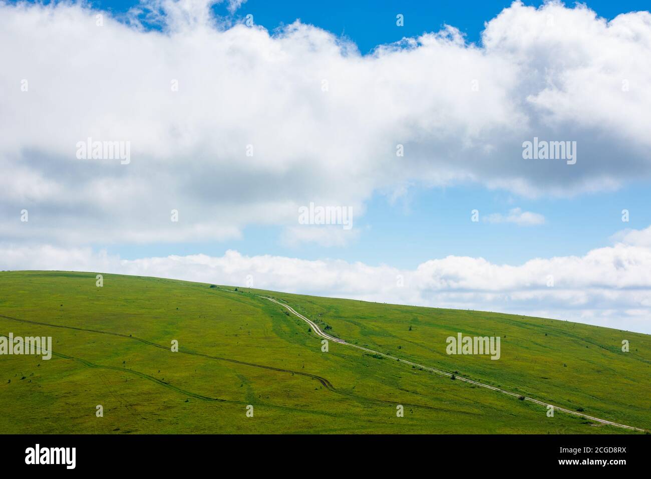 Reisen karpaten im Sommer. Straße durch grüne Wiesen in der Ferne. Idyllische Landschaft mit Wolken am blauen Himmel. Stockfoto