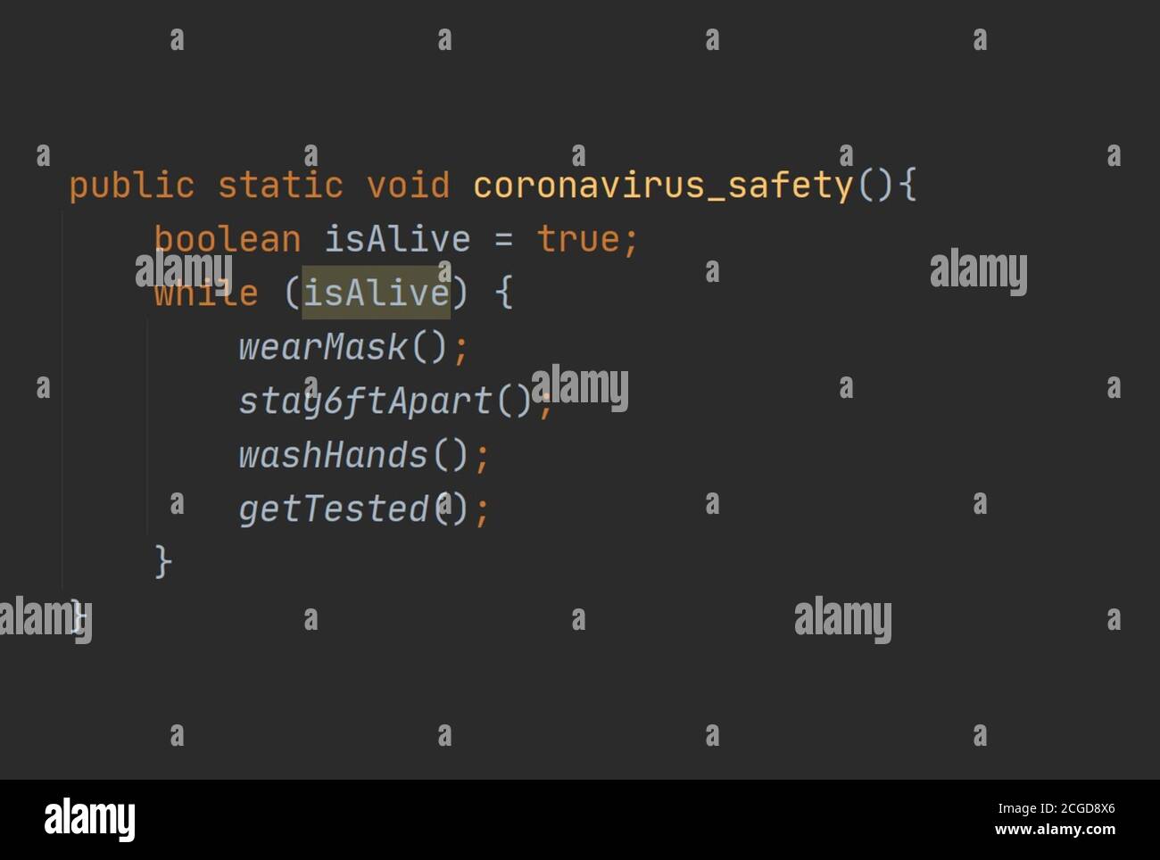 Wie man sich vor dem Coronavirus für Programmierer schützt. Ein Scherzcode in Java. Digitale Darstellung von Java-Code. Stockfoto