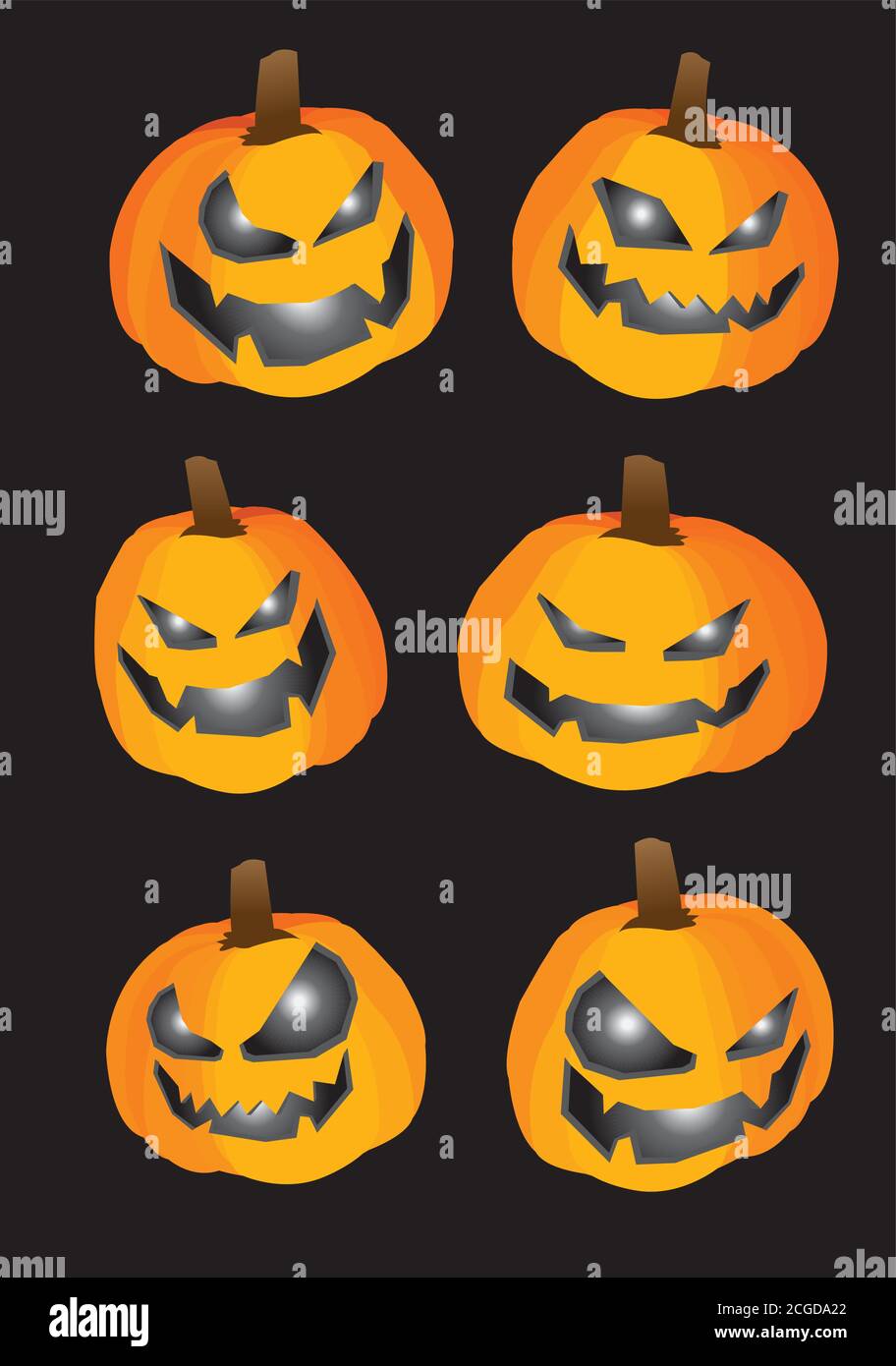 Kürbis mit Schnitzereien von bösen Gesichtern für Halloween. Vektordarstellung auf schwarzem Hintergrund isoliert. Stock Vektor