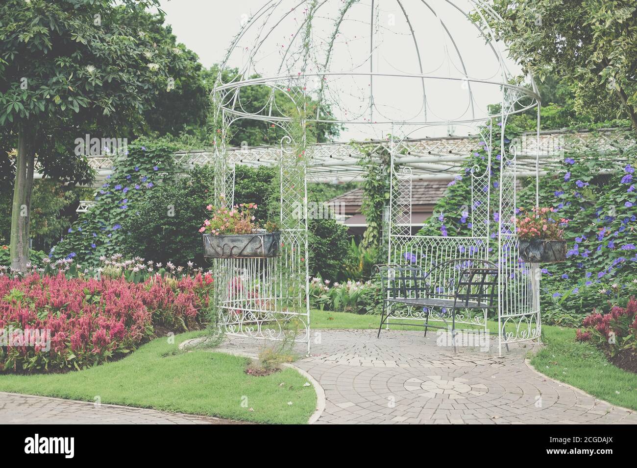 Metall-Eisen-Pavillon Pergola für Ruhe im Gartenpark Stockfoto