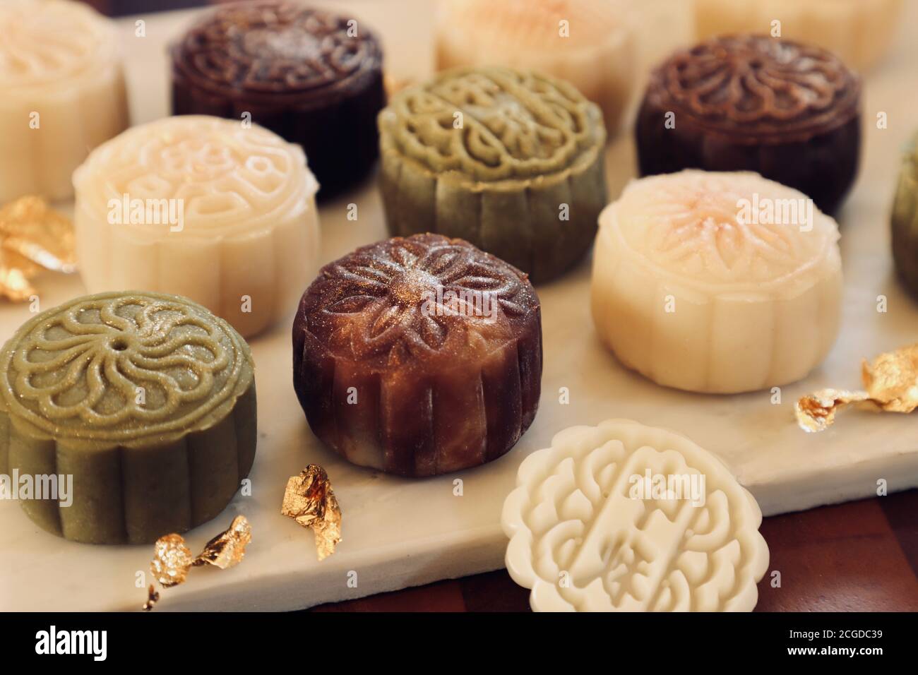 Schneehaut oder Kristallhaut Mooncake. Die neue Variante des Mooncake für Mid-Autumn Festival. Stockfoto