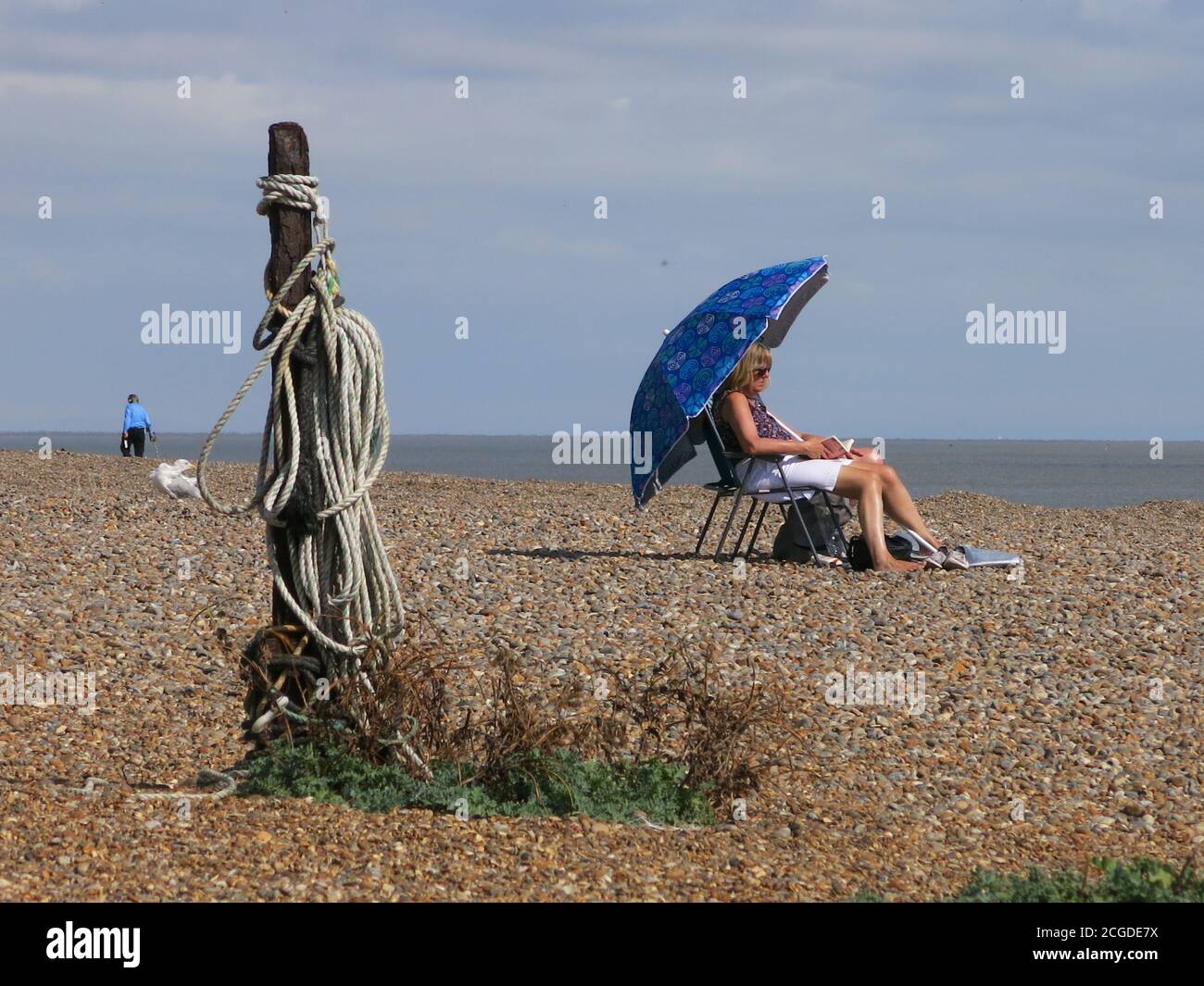 Eine Frau sitzt und liest unter einem großen blauen Sonnenschirm am Kiesstrand von Aldeburgh. Spiralseil und Treibholz tragen zur Seeszene bei. Stockfoto