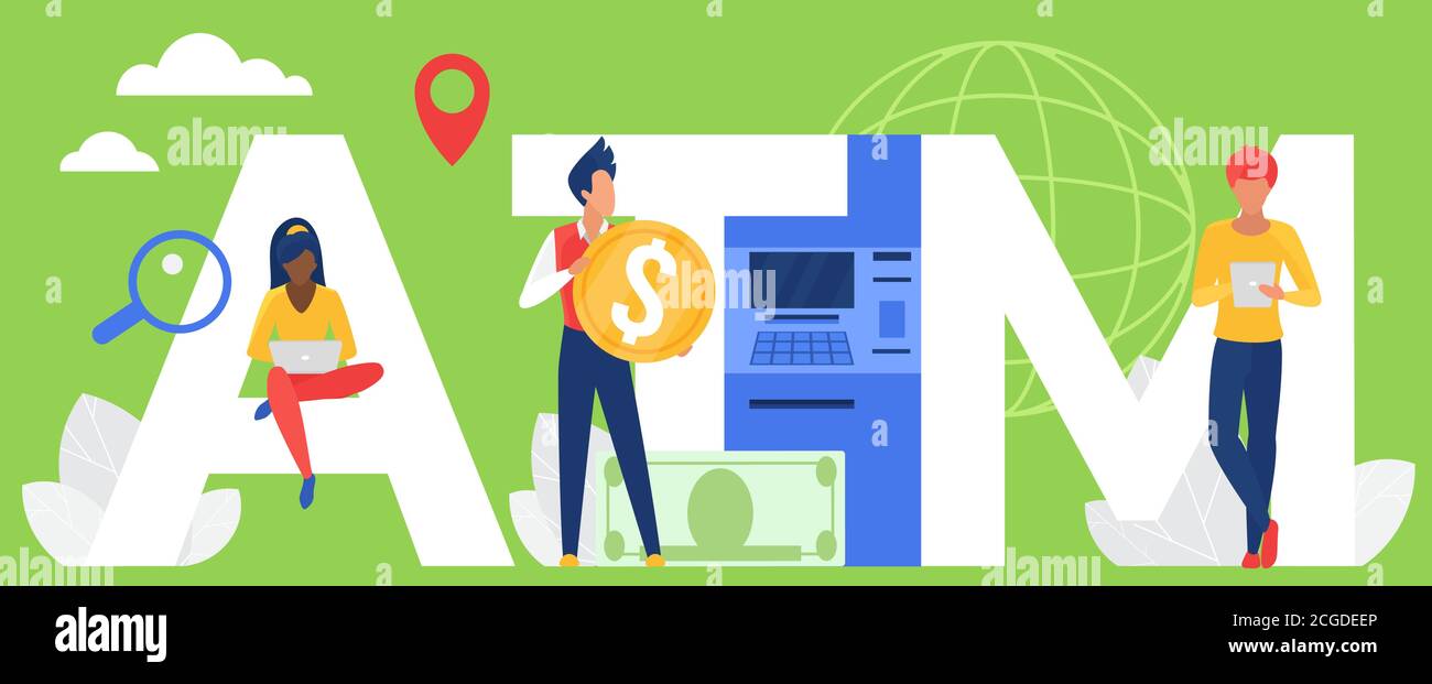 ATM-Wortvektordarstellung. Cartoon Wohnung Menschen halten Geld Bargeld Goldmünze, Tablet und Laptop für Online-Zahlung Bank-Service, neben großen Buchstaben ATM und ATM-Maschine Konzept Hintergrund stehen Stock Vektor