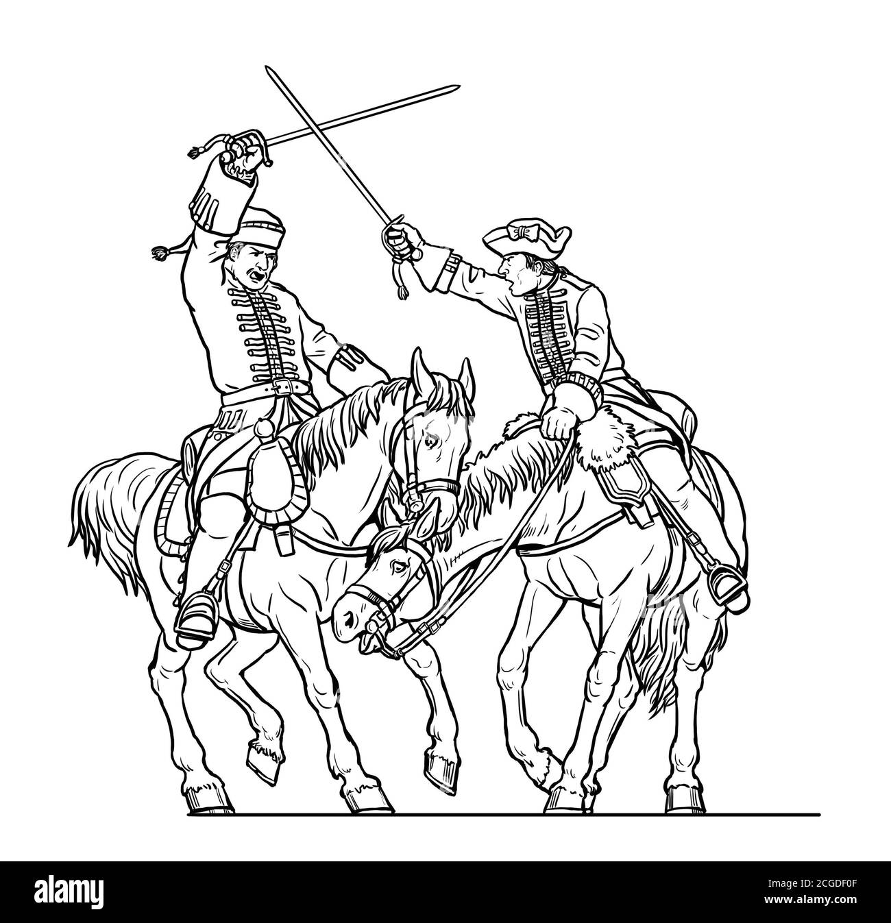 Duell der Kavalleristen. Französischer Dragoon gegen den englischen Dragoon. Historische Zeichnung des Siebenjährigen Krieges. Stockfoto