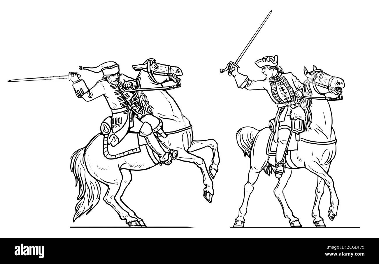 Duell der Kavalleristen. Französischer Dragoon gegen den englischen Dragoon. Historische Zeichnung des Siebenjährigen Krieges. Stockfoto