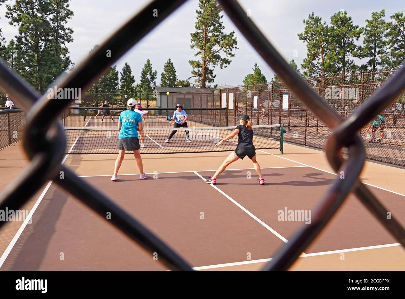 Frauen mittleren Alters spielen Pickleball auf einem Pickleball-Platz in einem Stadtpark in Bend, Oregon Stockfoto