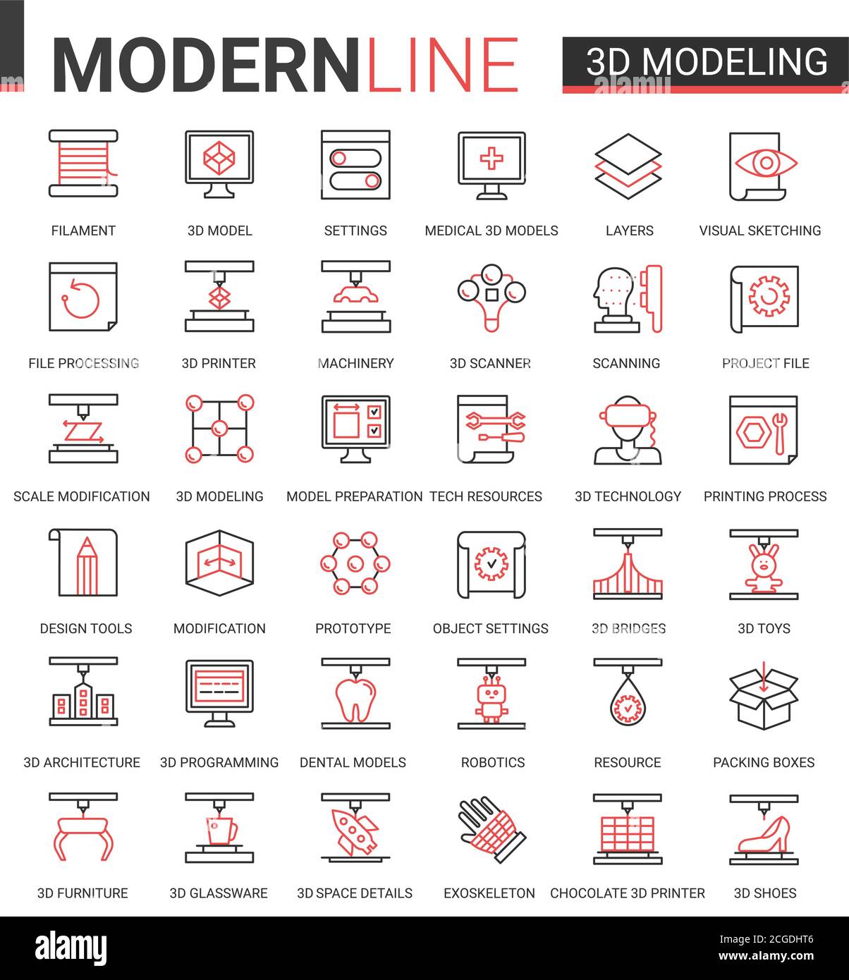 3d-Druck Wissenschaft Technologie flache Web-Symbol Vektor Illustration Set. Rot schwarz dünne Linie kreatives Design mit 3d-Modellierung moderne Cyber-Tech-Drucker Ausrüstung Maschinen, zukünftige wissenschaftliche Innovationen Stock Vektor