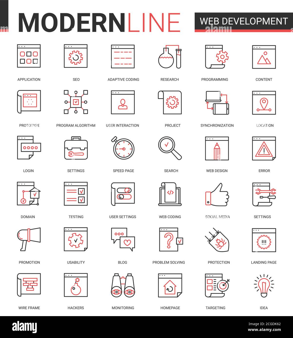 Web-Entwicklung dünne rote schwarze Linie Symbol Vektor Illustration Set. Outline Website mobile App Entwicklung von Symbolen Sammlung von Optimierung für Webseiten-Inhalte, Benutzeroberfläche Design-Anwendung Stock Vektor