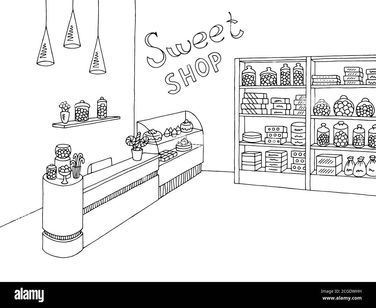 Sweet Shop Grafik schwarz weiß Interieur Skizze Illustration Vektor Stock Vektor